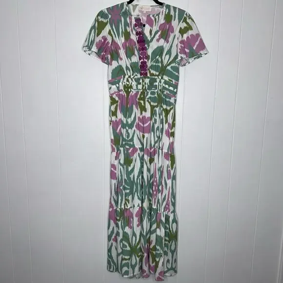 Sheridan French Women’s Eloise Maxi Dress Tulip Okay Print Teal Pink Size Small - Picture 2 of 10